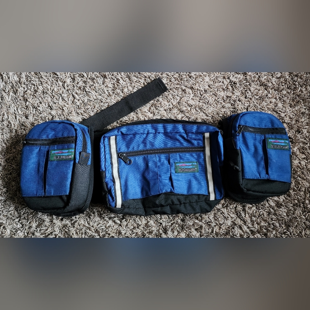 Vintage L.L. Bean Blue Hiking Fanny Pack Multi Pocket Belt Bag USA